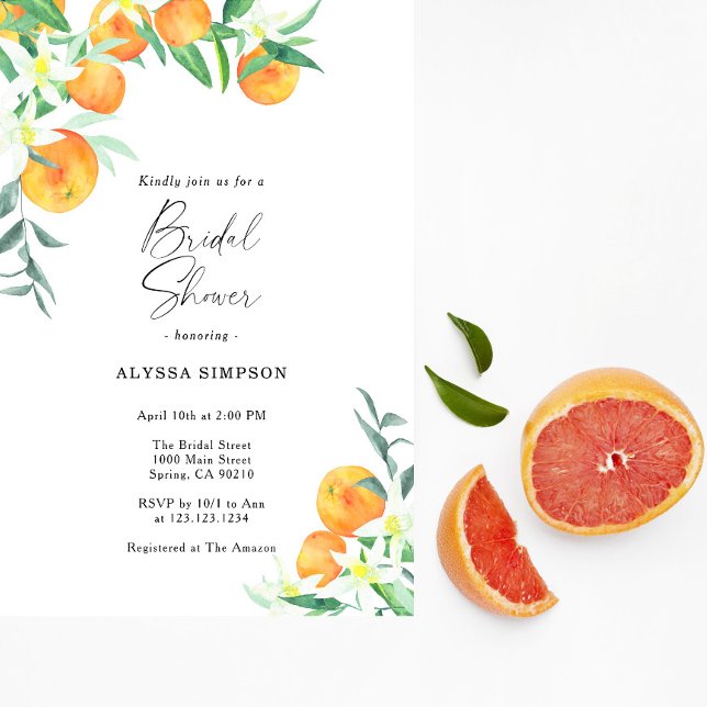 Watercolor Citrus Oranges Bridal Shower Invitation (Creator Uploaded)