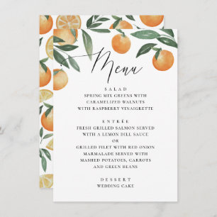 Watercolor citrus wedding. Summer floral garden Menu