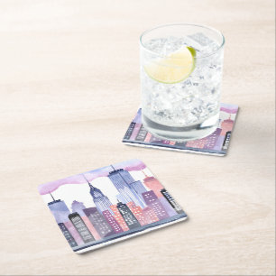 Watercolor Cityscape Skyline Square Paper Coaster