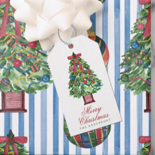 Watercolor Classic Bow Christmas Tree Gift Tags