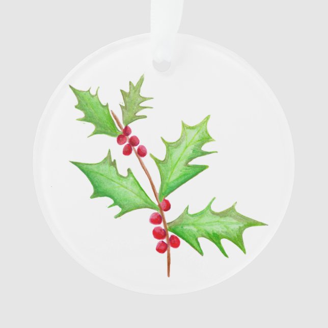 Watercolor Classic Christmas Holly Ornament (Front)