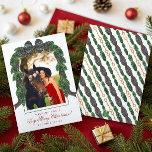 Watercolor Classic Equestrian Tartan Plaid Photo Holiday Card