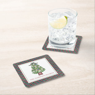 Watercolor Classic Plaid Mahjong Christmas Party Square Paper Coaster