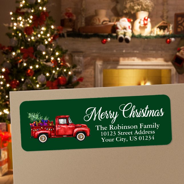 Watercolor Classic Red Truck Merry Christmas Green (Several label types to choose from.)