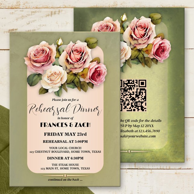 Watercolor Classic Roses QR Code Rehearsal Dinner Invitation (Creator Uploaded)