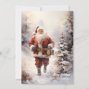 Watercolor classic Santa Claus in snowy forest Holiday Card