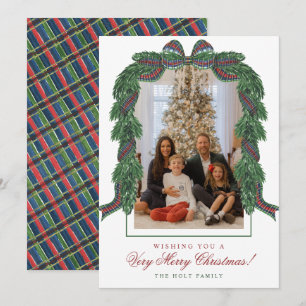 Watercolor Classic Tartan Plaid Ribbon Photo Holiday Card