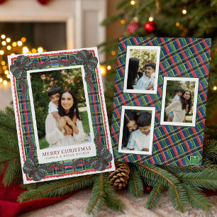 Watercolor Classic Tartan Plaid Ribbon Photo Holiday Card