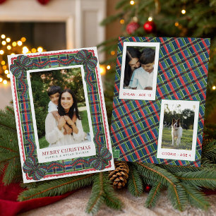 Watercolor Classic Tartan Plaid Ribbon Photo Holiday Card
