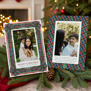 Watercolor Classic Tartan Plaid Ribbon Photo Holiday Card