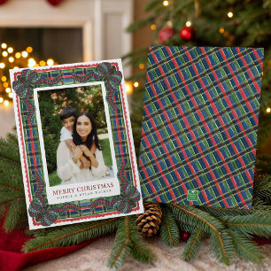 Watercolor Classic Tartan Plaid Ribbon Photo Holiday Card