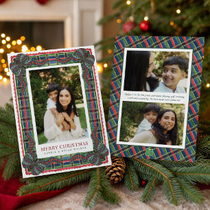 Watercolor Classic Tartan Plaid Ribbon Photo Holiday Card
