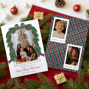 Watercolor Classic Tartan Plaid Ribbon Photo Holiday Card