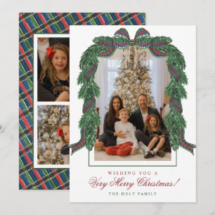 Watercolor Classic Tartan Plaid Ribbon Photo Holiday Card