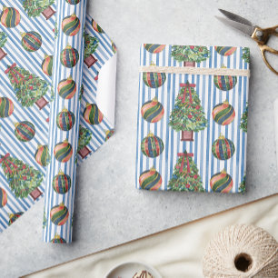 Watercolor Classic Tree and Ornaments Christmas Wrapping Paper