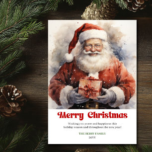 Watercolor classic vintage Santa Claus Greeting Holiday Card