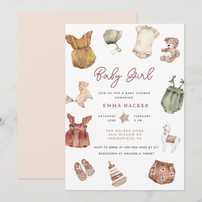 Watercolor Clothing Boho Baby Girl Shower  Invitation (Front/Back)