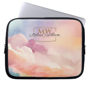 Watercolor Clouds Black Gold Monogram Name Script Laptop Sleeve