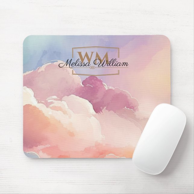 Watercolor Clouds Black Gold Monogram Name Script Mouse Pad (With Mouse)