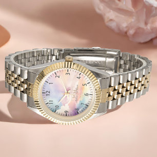 Watercolor Clouds Black Gold Monogram Name Script Watch