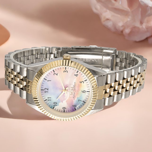 Watercolor Clouds Black Gold Monogram Name Script Watch (Creator Uploaded)