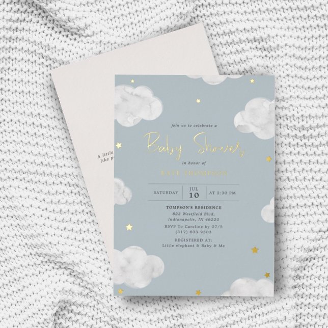 Watercolor Clouds Blue Grey Boy Baby Shower Gold (Creator Uploaded)