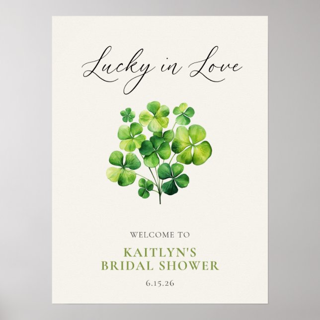 Watercolor Clover Lucky In Love Bridal Shower Sign (Front)