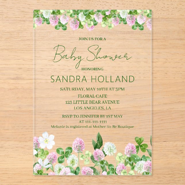Watercolor Clover Meadow Baby Shower Acrylic Invitations (Front)