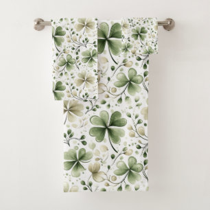 Watercolor Clover Pattern – Green & Neutral  Bath Towel Set