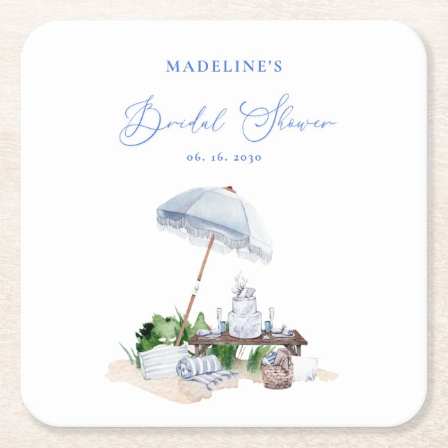 Watercolor Coastal Beach Picnic Bridal Shower Square Paper Coaster (Front)