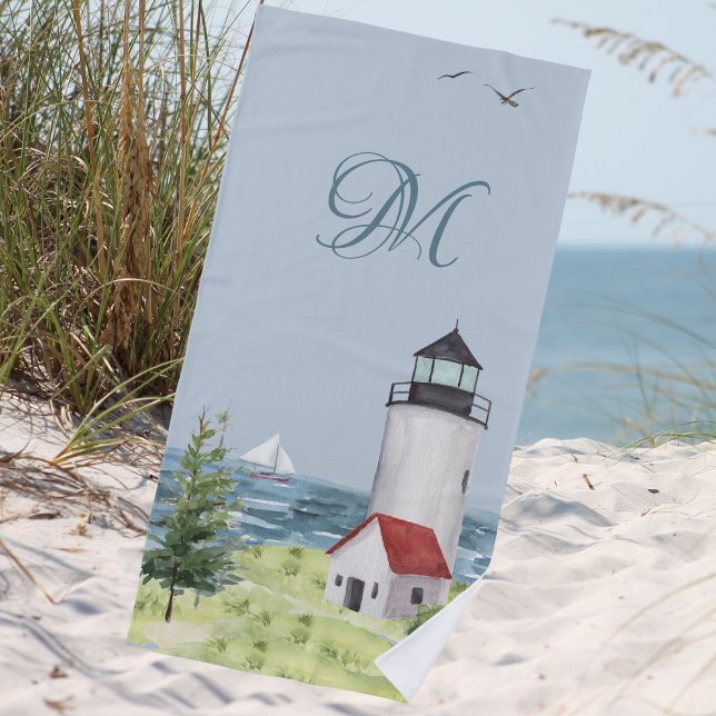 Watercolor Coastal Beach Sand Lighthouse Monogram  Beach Towel (Creator Uploaded)