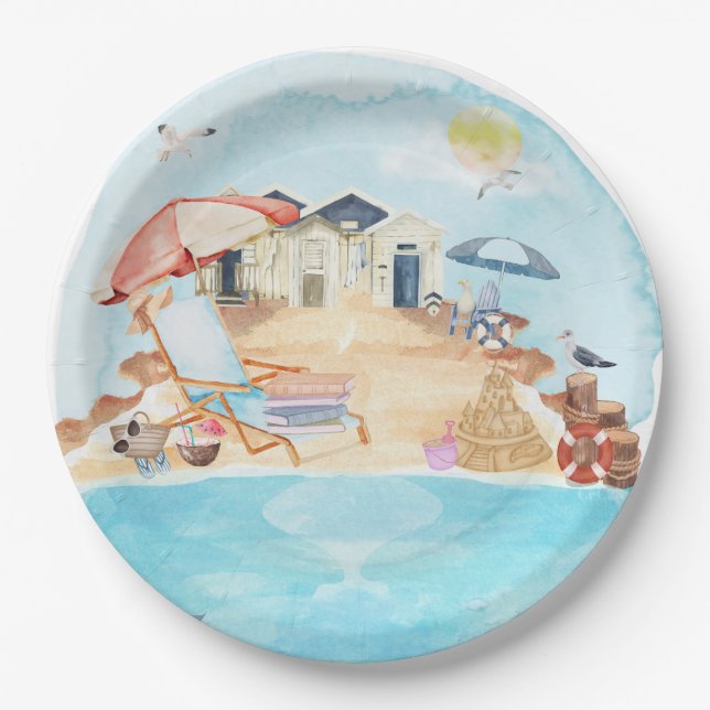 Watercolor Coastal Beach Scene Paper Plate (Front)