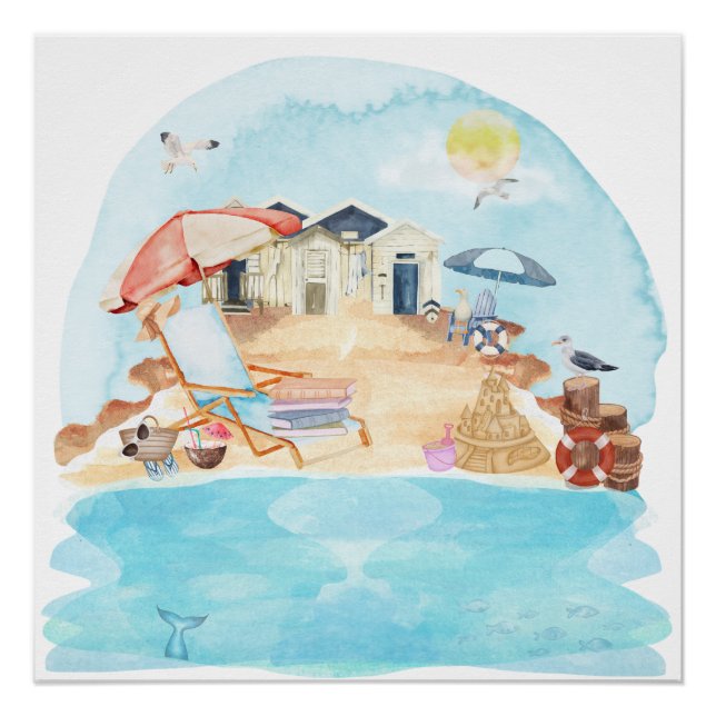 Watercolor Coastal Beach Scene  Poster (Front)