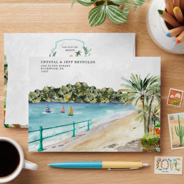 Watercolor Coastal Beach | Wedding Envelope (Desk)