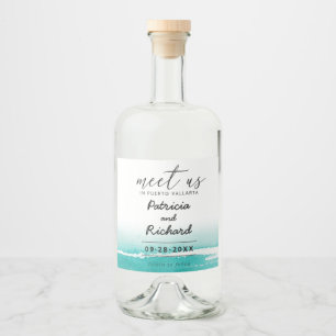 Watercolor Coastal Beach Wedding Save The Date Liquor Bottle Label