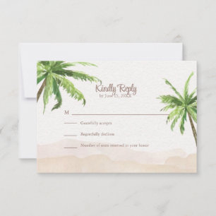 Watercolor Coastal Beach with Palm Trees Wedding RSVP Card