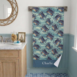 Watercolor Coastal Blue Crab Bath Towel