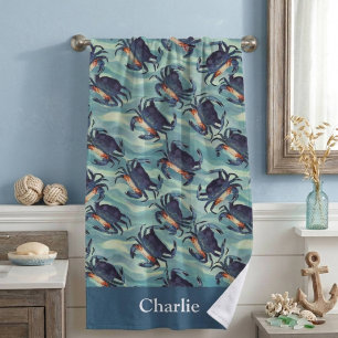 Watercolor Coastal Blue Crab Beach Towel