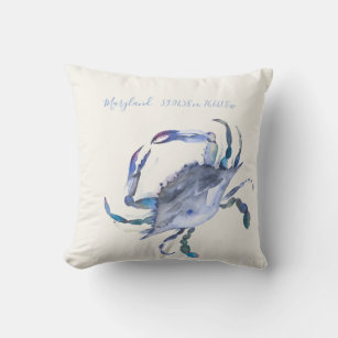 Watercolor Coastal Blue Crab Map Coordinates  Cushion