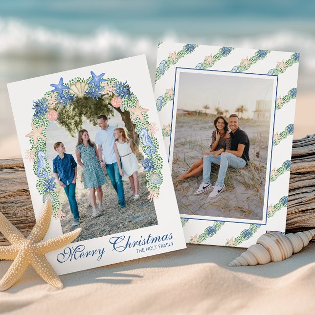 Watercolor Coastal Christmas Garland Photo Holiday Card (Creator Uploaded)