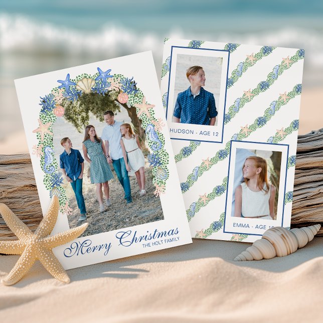 Watercolor Coastal Christmas Garland Photo Holiday Card (Creator Uploaded)