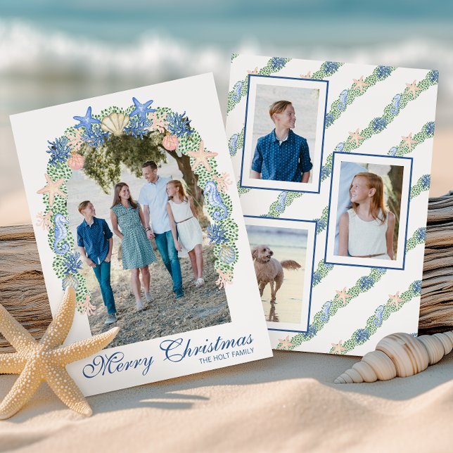 Watercolor Coastal Christmas Garland Photo Holiday Card (Creator Uploaded)