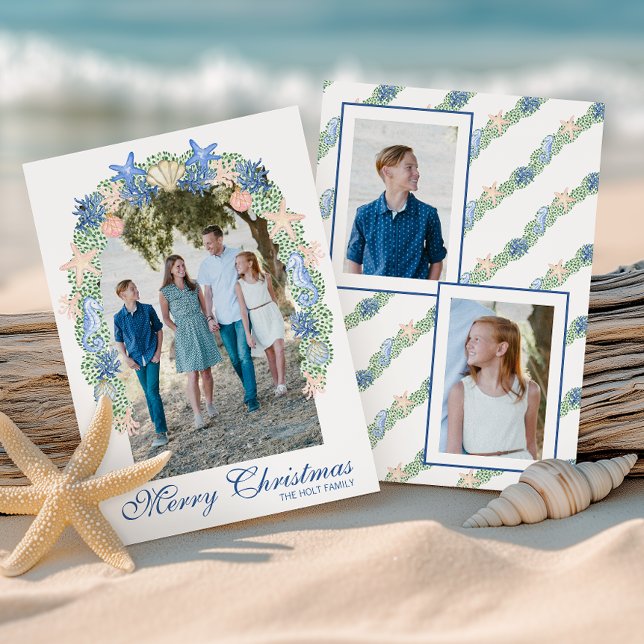 Watercolor Coastal Christmas Garland Photo Holiday Card (Creator Uploaded)