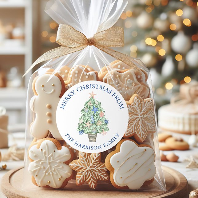 Watercolor Coastal Christmas Tree Gift Classic Round Sticker (Creator Uploaded)