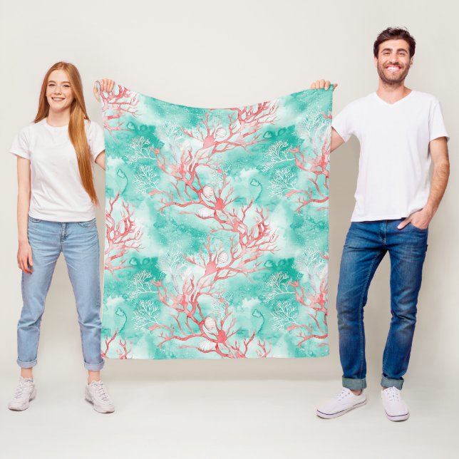 Watercolor Coastal Coral Pattern Fleece Blanket (In Situ)