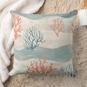 Watercolor Coastal Coral & Seashell Waves (10) Cushion