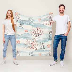 Watercolor Coastal Coral & Seashell Waves (3) Fleece Blanket