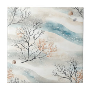 Watercolor Coastal Coral & Seashell Waves (3) Tile