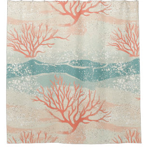 Watercolor Coastal Coral & Seashell Waves (5) Shower Curtain