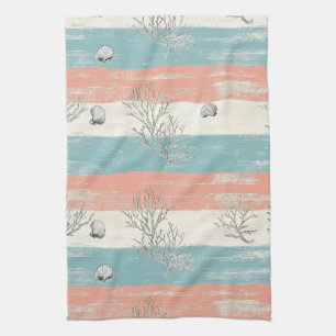 Watercolor Coastal Coral & Seashell Waves (5) Tea Towel